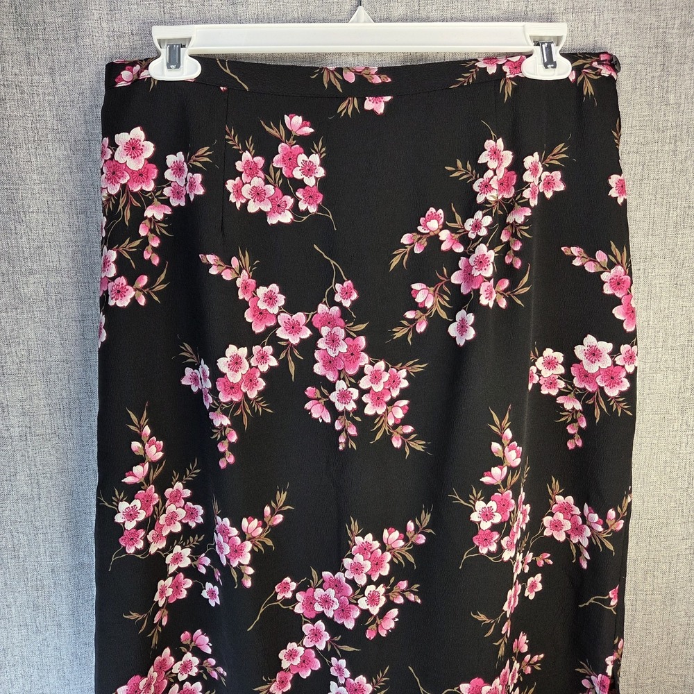 VTG Boho Black Maxi Skirt Cherry Blossoms 2X Side Slits Y2K Briggs NY Cottage